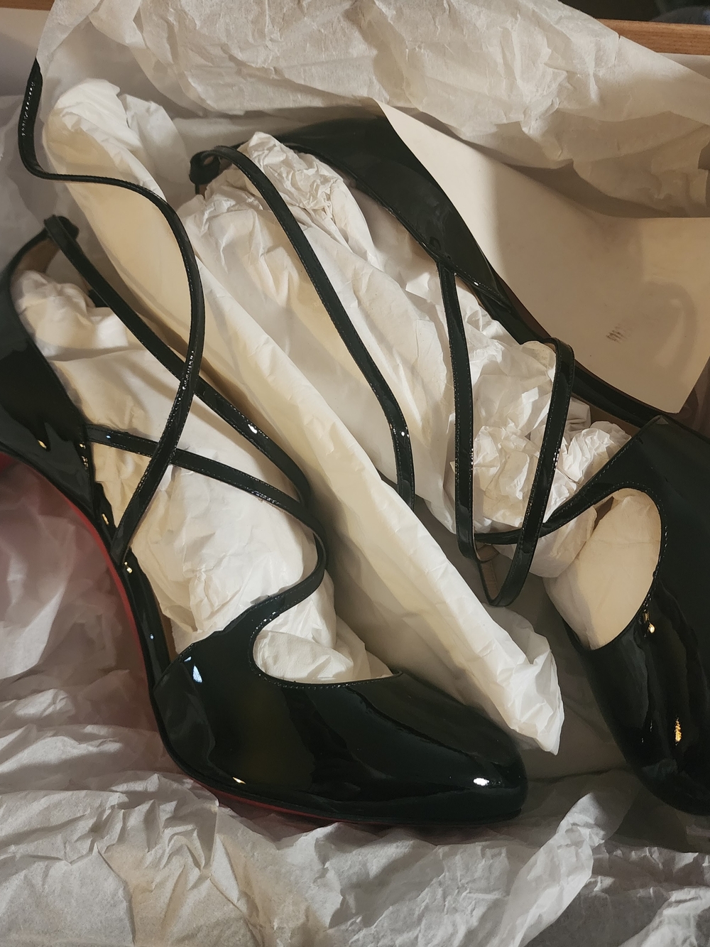 Christian Louboutin Black Patent Crisscross Strappy Pumps with Red Soles